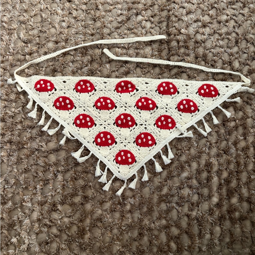 Fringe Mushroom Pattern Crochet Bandana Homemade